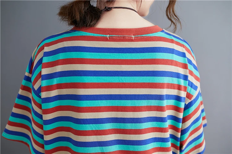 プラスサイズの女性の T-irt 韓国 Sle 夏カジュアルルーズスリムストライプラウンドネオート Sve トップお腹カバーコットン