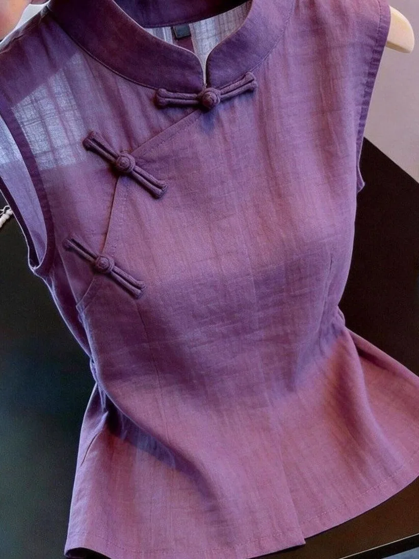 

Elegant New Chinese Style Women's Slim Fit Shirt Collar Design Button up Top Ultra Luxury Purple Color Versatile for Summer