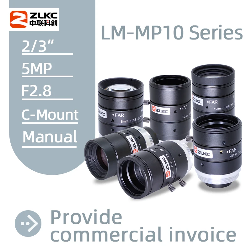 ZLKC Lens C Mount 2/3 '' Industrial Cameras LM-MP10 Series F2.0 Manual Iris 5Megapixels FA 8mm 12mm 16mm 25mm 35mm 50mm Focus