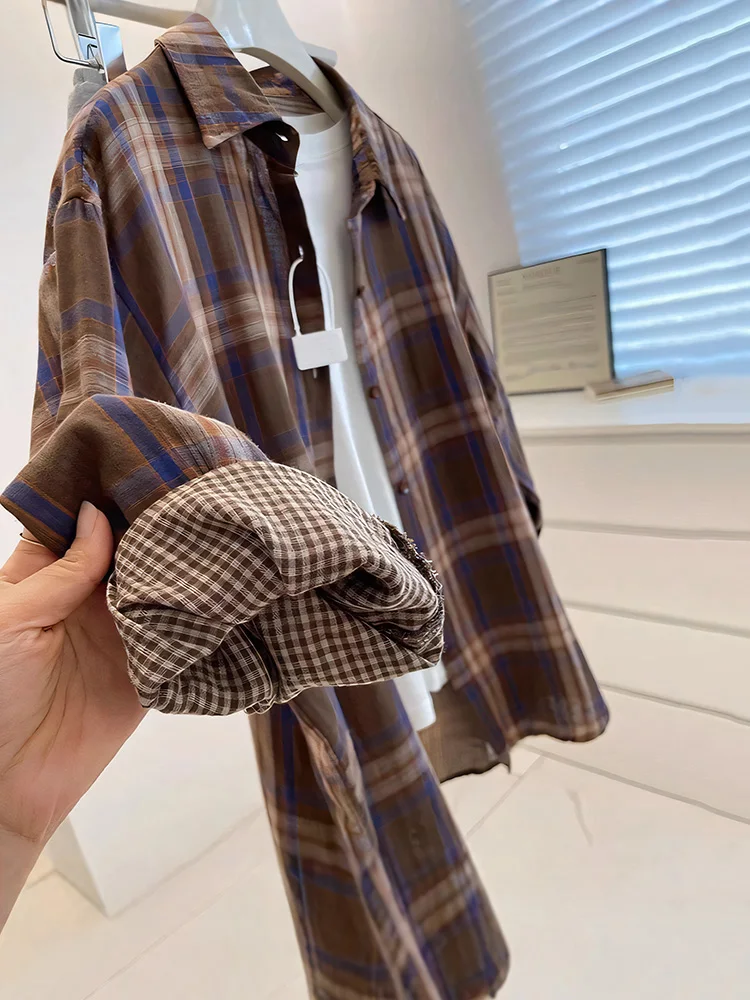 Camisas de mujer a cuadros Vintage de hilo de algodón de doble capa, novedad de 2021, blusa elegante de manga larga con un solo pecho para principios de otoño, Cardiga