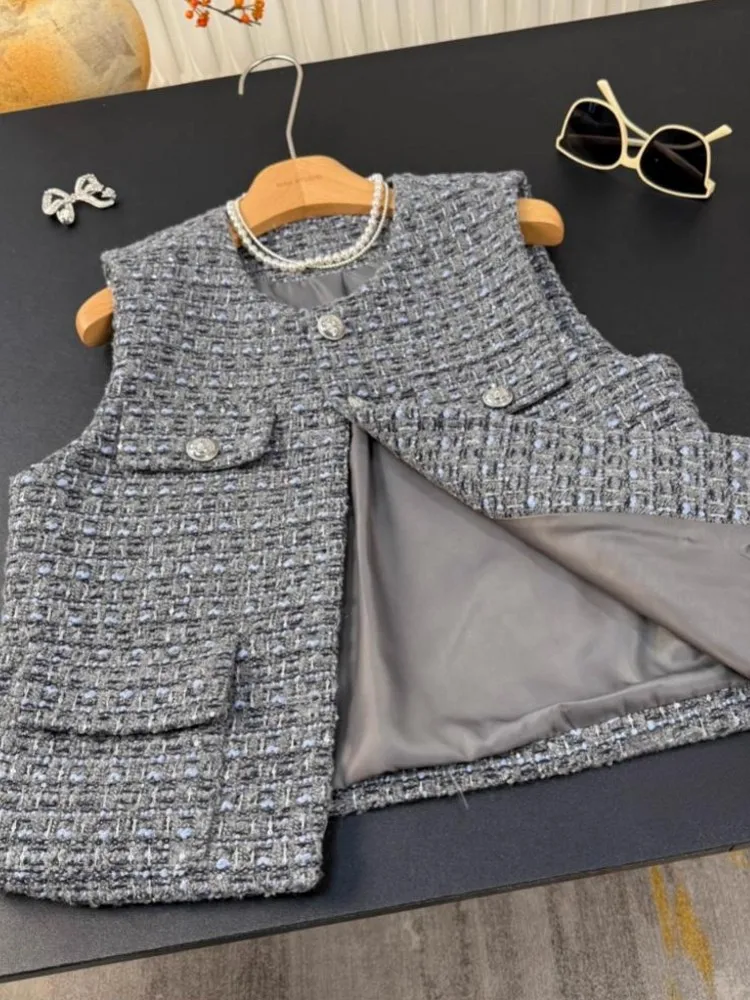 الخريف المرأة خمر الصوفية سترة دون أكمام معطف س الرقبة واحدة الصدر تويد سترة سيدة سليم صالح موضة الشارع الشهير صدرية #3