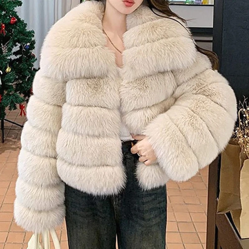 

Women Faux Fur Coat Striped Jacket Turn Down Collar Long Sleeve Button Straight Elegant Casual Autumn Winter 2025
