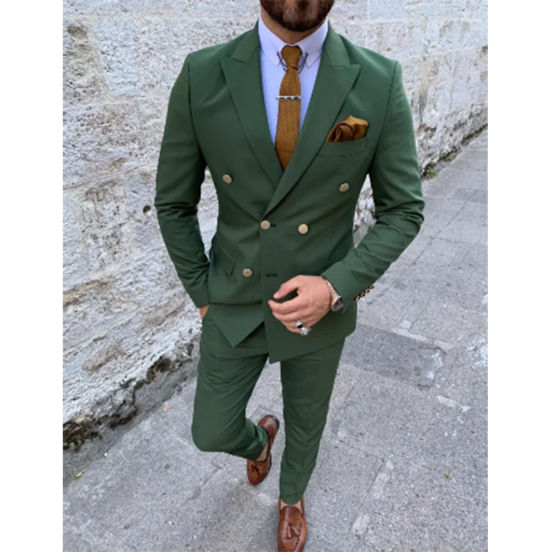 Costumes formels à double boutonnage pour hommes, blazer et pantalon, coupe couvertes, vert royal, imbibé, fête de mariage, GroomTIME, 2 pièces, 2021