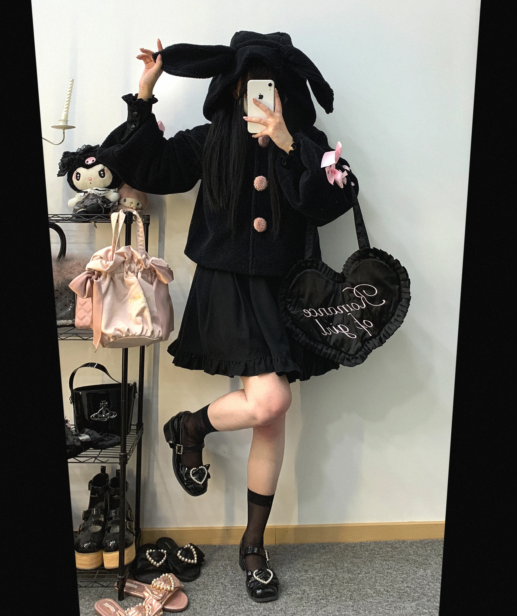 Japanese Mine Plush Rabbit Ear Bow Lace-up Hooded Coat Winter New Fashion Girly Sweet Cute Loose Slim Kawaii Lolita Coat Women