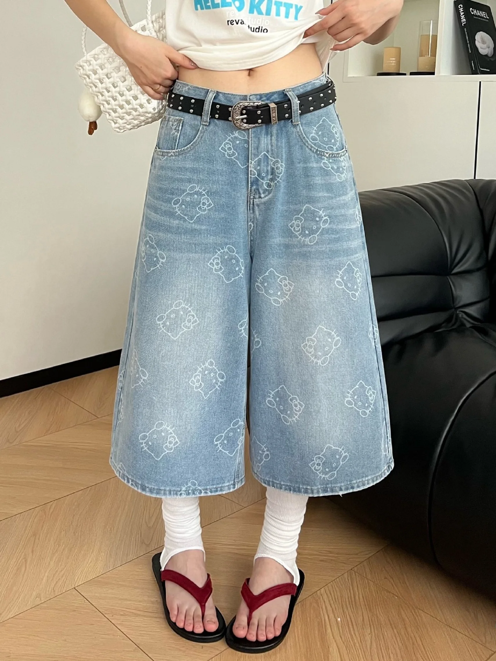 

Женские летние джинсовые брюки с высокой талией и мультяшным принтом, дышащие, удобные, прямого кроя, длиной до середины икры