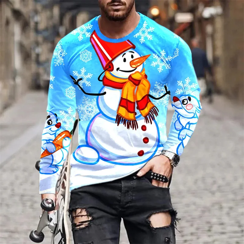 Merry Christmas Pattern T-Shirt For Men Santa Claus 3D Printed T Shirts Autumn Casual Oversized Round Neck Tops Long Sleeve Tees