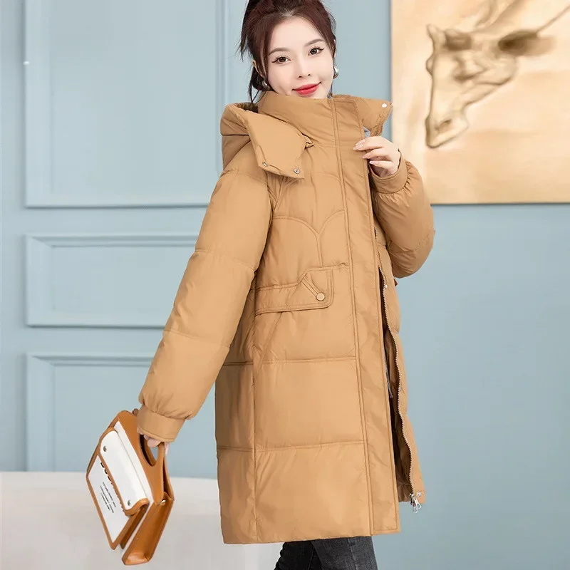 Down Cotton Coat Women 2024 Winter New Fashion Long Loose Detachable Hooded Parkas Jacket Casual Thick Warmth Clothing