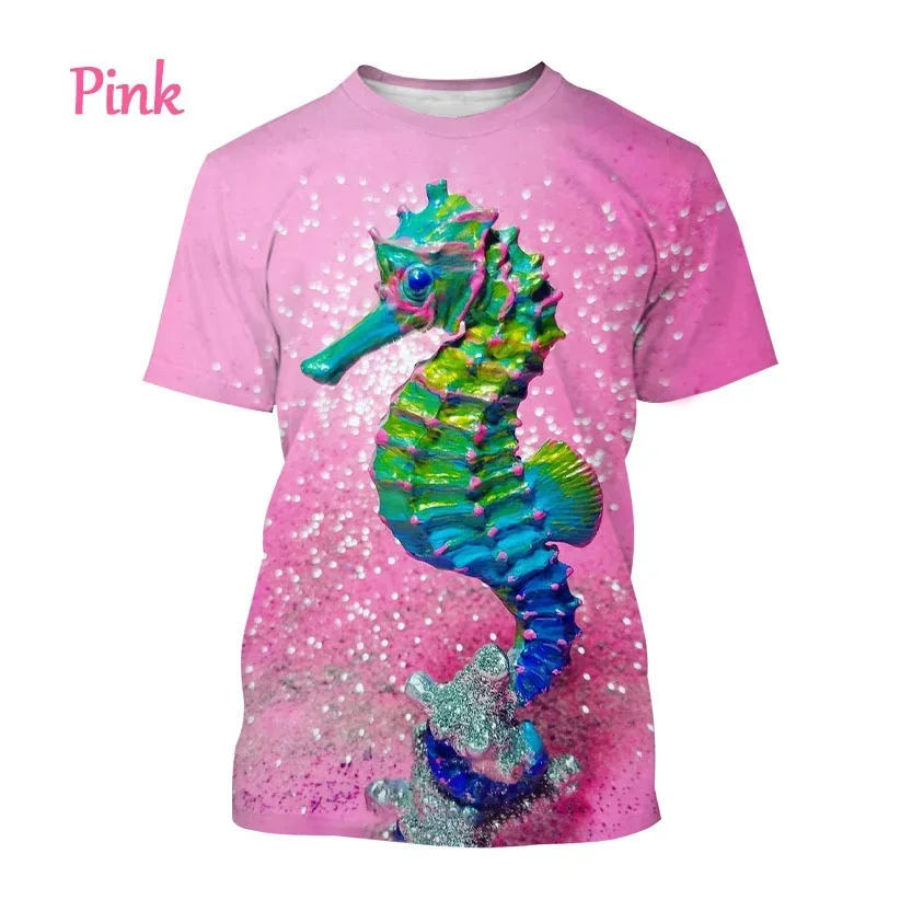 Hot Sale 3D printing T-shirt Seahorse pattern Newest Sea Creatures Print O-Neck Short-sleeve Tops Men's and Women's Tees Shirts