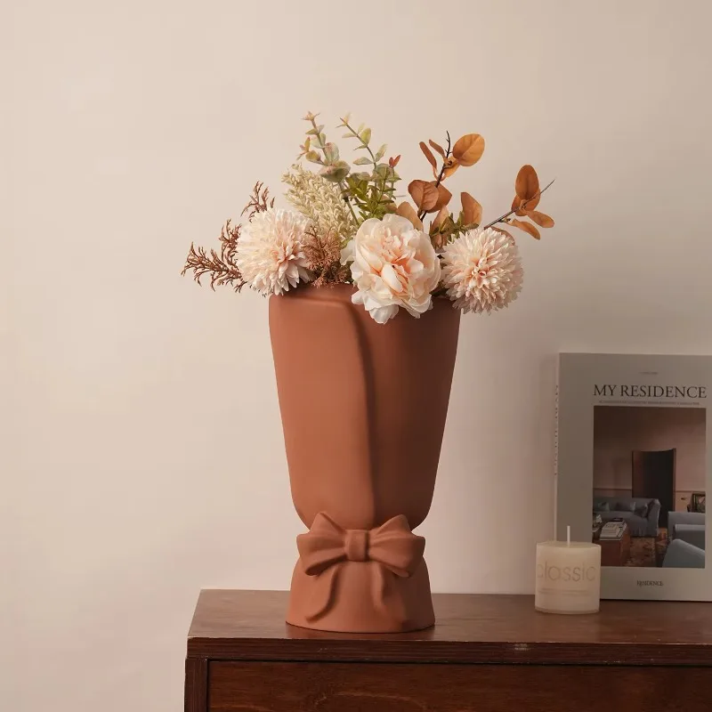 Matte Solid Tone Bouquet Shaped Bloom Vessel Embossed Bow Knot Detail Tabletop Dry Flower Display Decor Craft Tapered Wide Top
