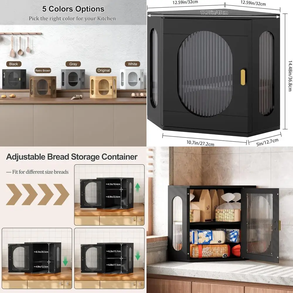 

Винтажная хлебница из массива дерева с двумя отделениями и акриловым окном, черная, большая вместимость