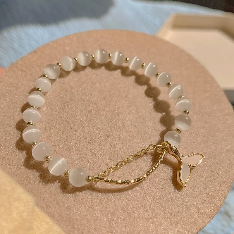 Korea Clear Opal Natural Stone Fritillary Mermaid Tail Beads Charm Bracelets for Women 14K Real Gold Plating Copper Strand