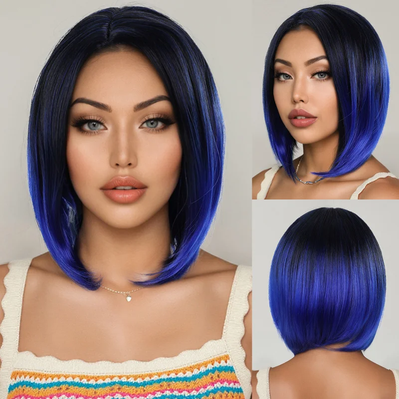 European and American style women's side-parted bob , blue gradient short straight synthetic hair wig