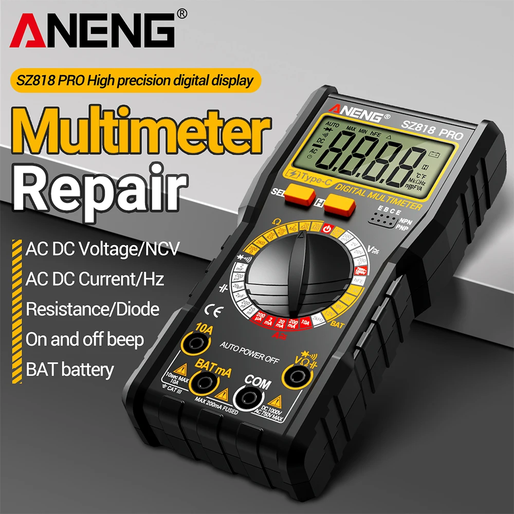 

Цифровой мультиметр SZ818 PRO, 1999 показаний, тестер напряжения 1000В DC, зарядка Type-C, 4-уровневое определение заряда батареи, для авторемонта ﻿
