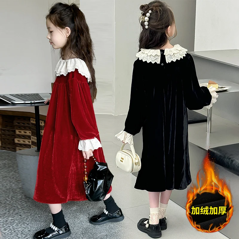 autumn winter teen girls Velvet Dress Children 2024 Korean French Doll Collar Long-sleeved Princess    dresses child kid clothes