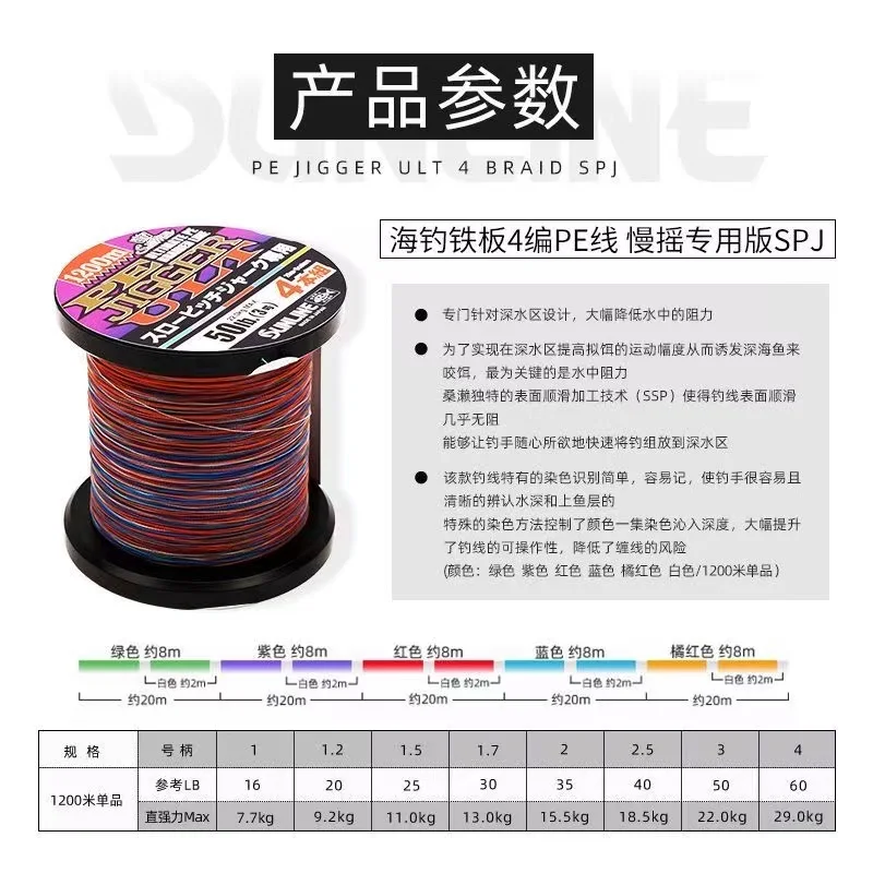 100% Orignal Japan SUNLINE Slow Jigger Ult Pe Line 4 Strands Braided Briad Multi Colors Ocea Jig Fishine Line 1200 Meters