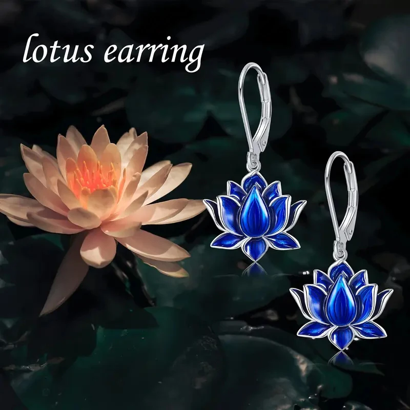 CAOSHI Blue Enamel Lotus Flower Drop Earrings Silver Tone Leverback Floral  Jewelry for Women Daily Dating Wedding Birthday Gift