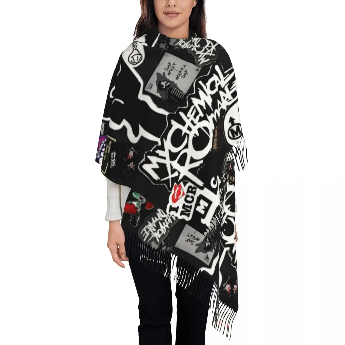 

My Chemical Romance Шарф для женщин, зимняя теплая шаль из пашмины, длинные большие шарфы с кисточкой, легкий вес