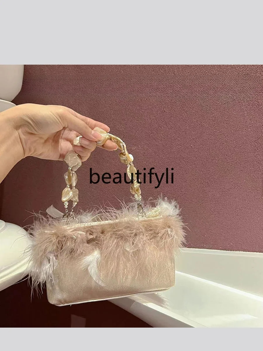 Celebrity fluffy silk satin shell vegetable basket banquet rabbit plush bucket clutch messenger bag