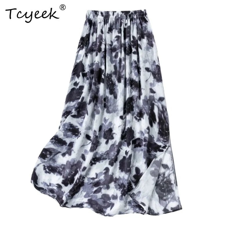Tcyeek 100% Real Silk Women Skirts 2026 Spring Elegant Artistic Ink-wash Side-slit Casual Skirt Lady Clothes Faldas Para Mujeres