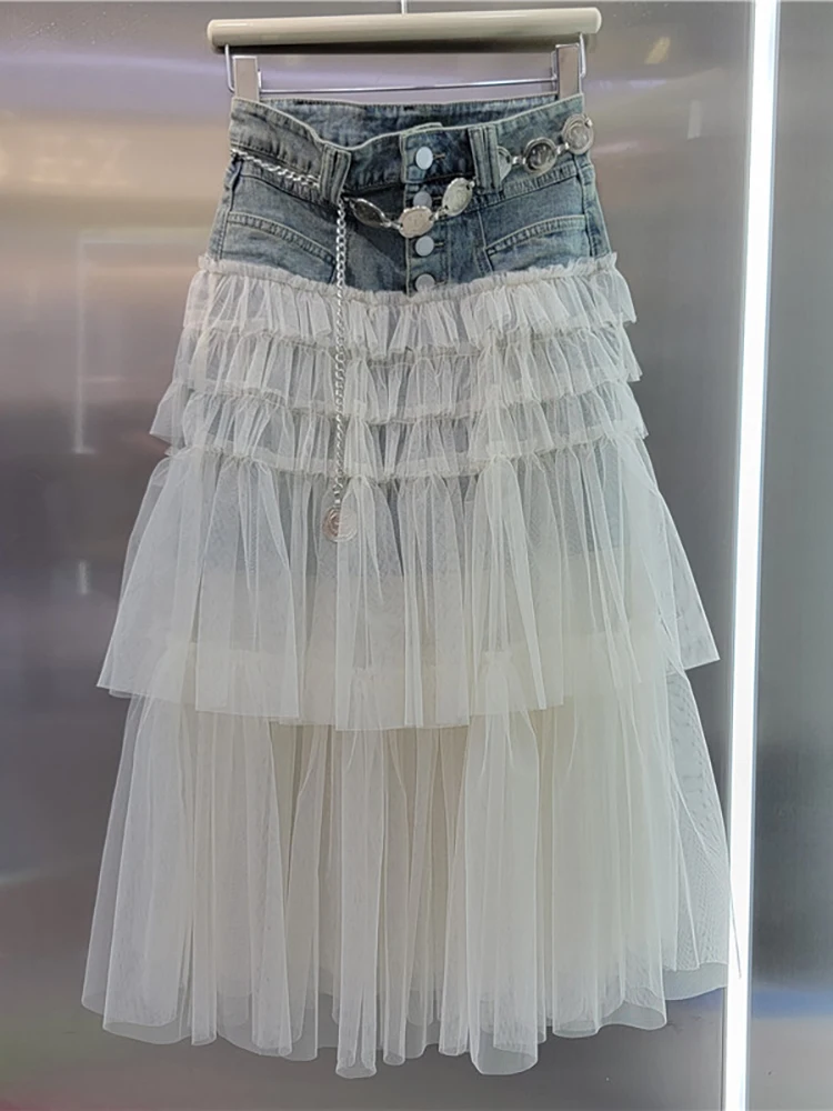 DEAT Falda vaquera para mujer, faldas largas elegantes de gasa con corte en A de malla multicapa de retales de cintura alta, nueva moda de primavera