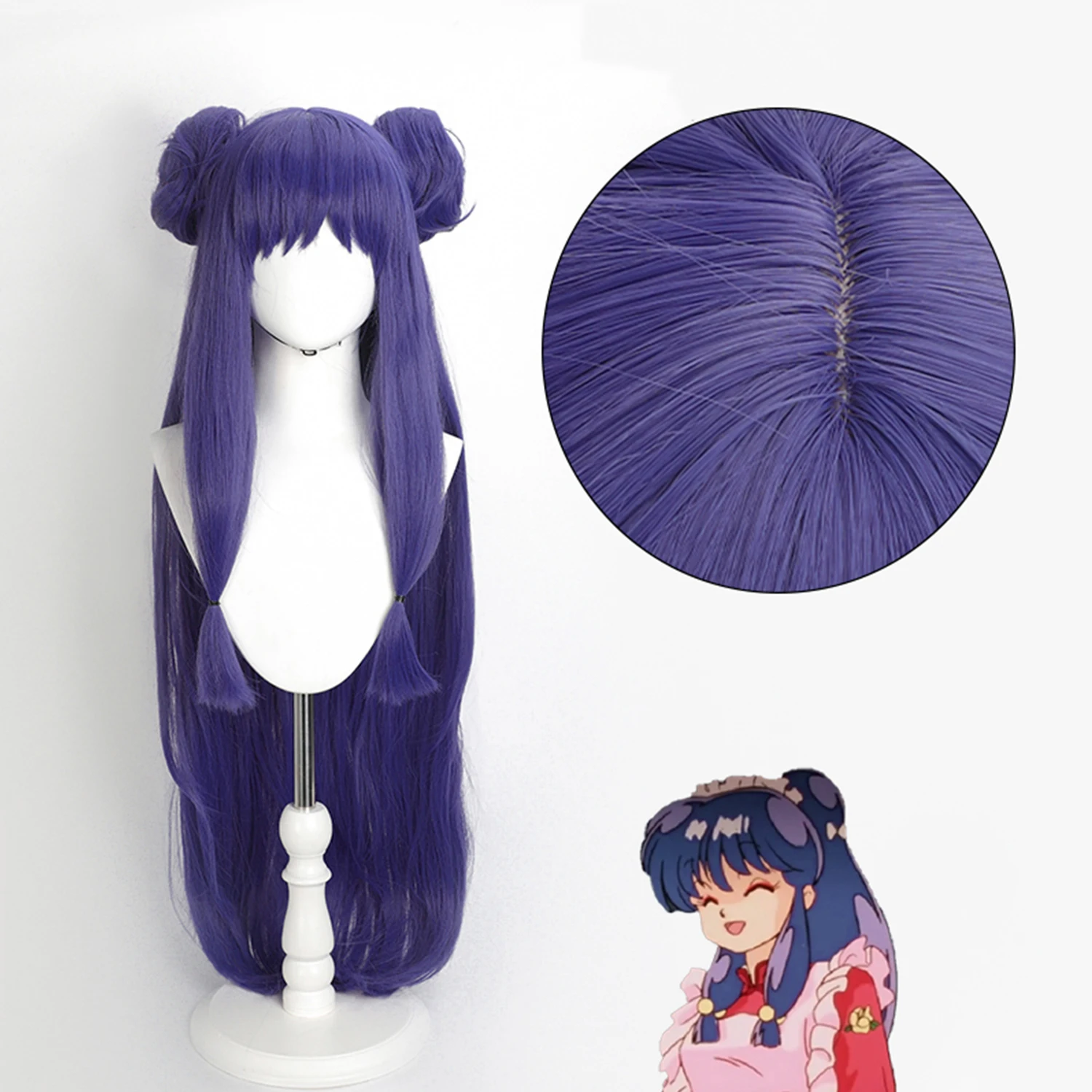 Cosplay Wig Ranma 1/2 Shampoo Long Straight Purple Anime Wig with Grab Chignons Simulation Scalp Synthetic Wig with Bangs