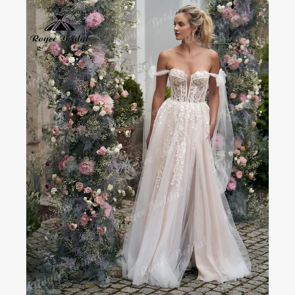Księżniczka Off Shoulder Split Side Lace Flowy Suknia ślubna dla kobiet 2025 Suknia ślubna z rękawem robe mariageées femme Sexy