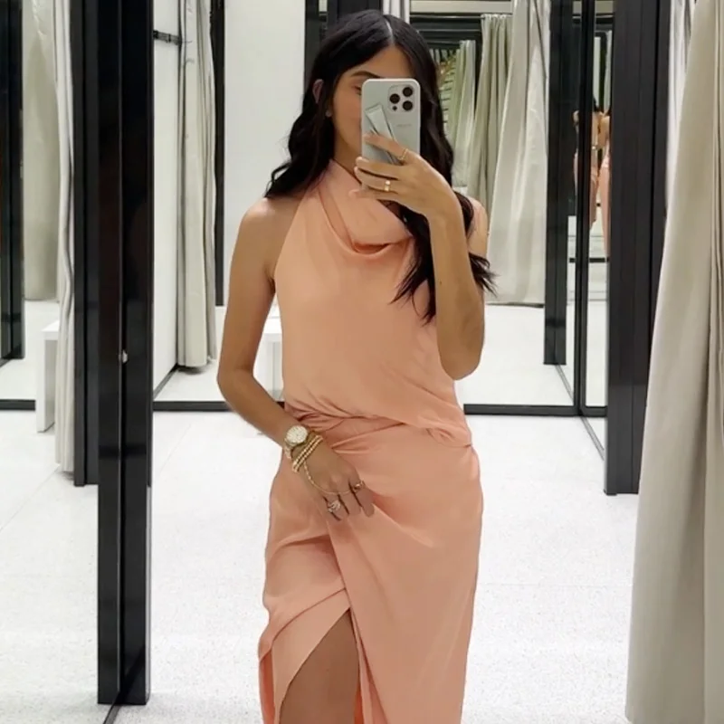 Hxao conjunto de saia de cetim elegante conjuntos femininos sem costas halter topo mulher 2 peça conjunto roupa moda midi cintura alta envoltório saia ternos