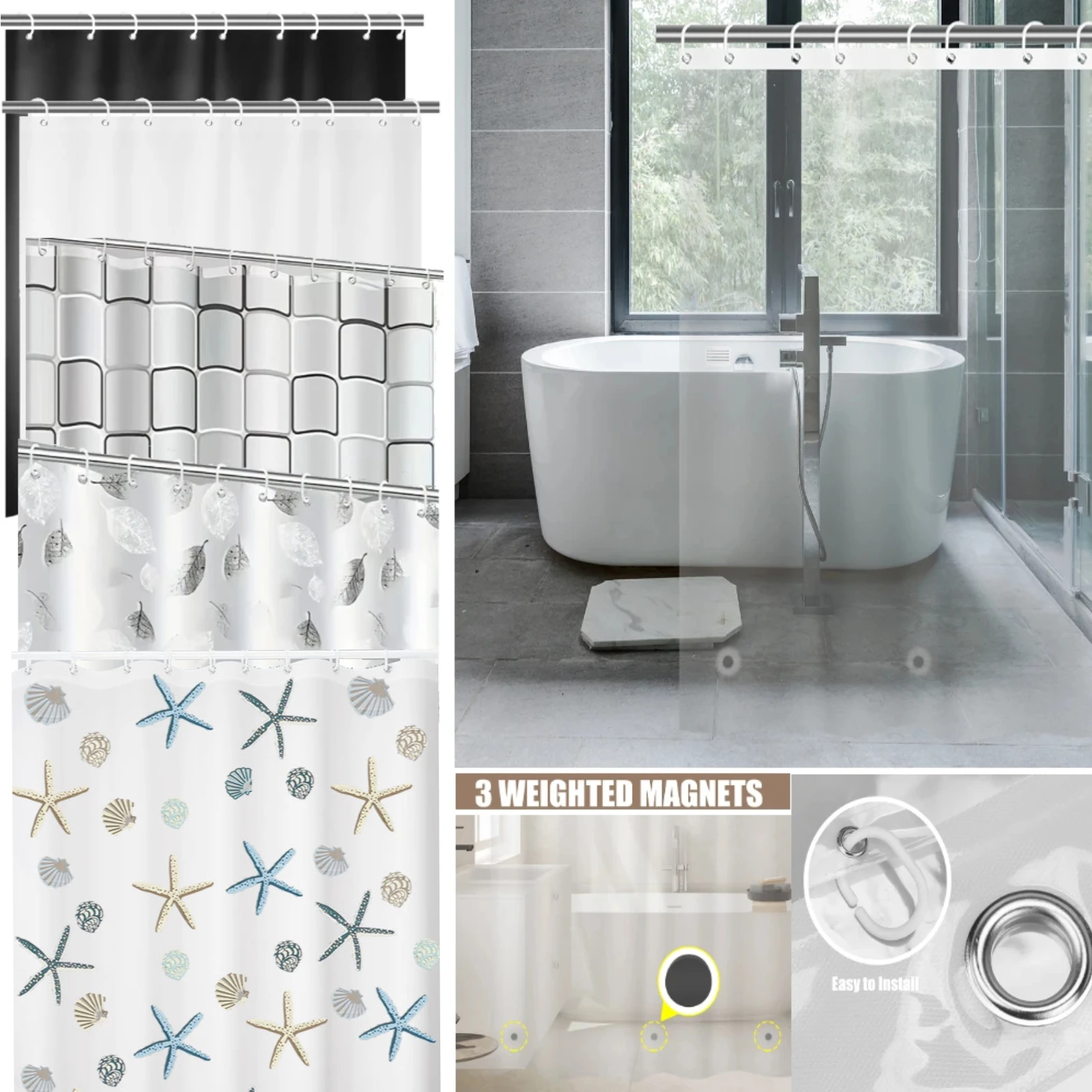 1pc 180cm/200cm PEVA Shower Curtain Waterproof Mildew Proof Durable Bathroom Screens With Hook Transparent White Black Curtains