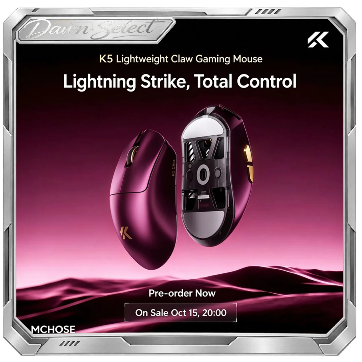 MCHOSE K5 Lightweight Claw-Grip Gaming Mouse Approx. 45g Golden Weight For Small-Medium Hands Dual 8K Polling Rate Tri-Mode