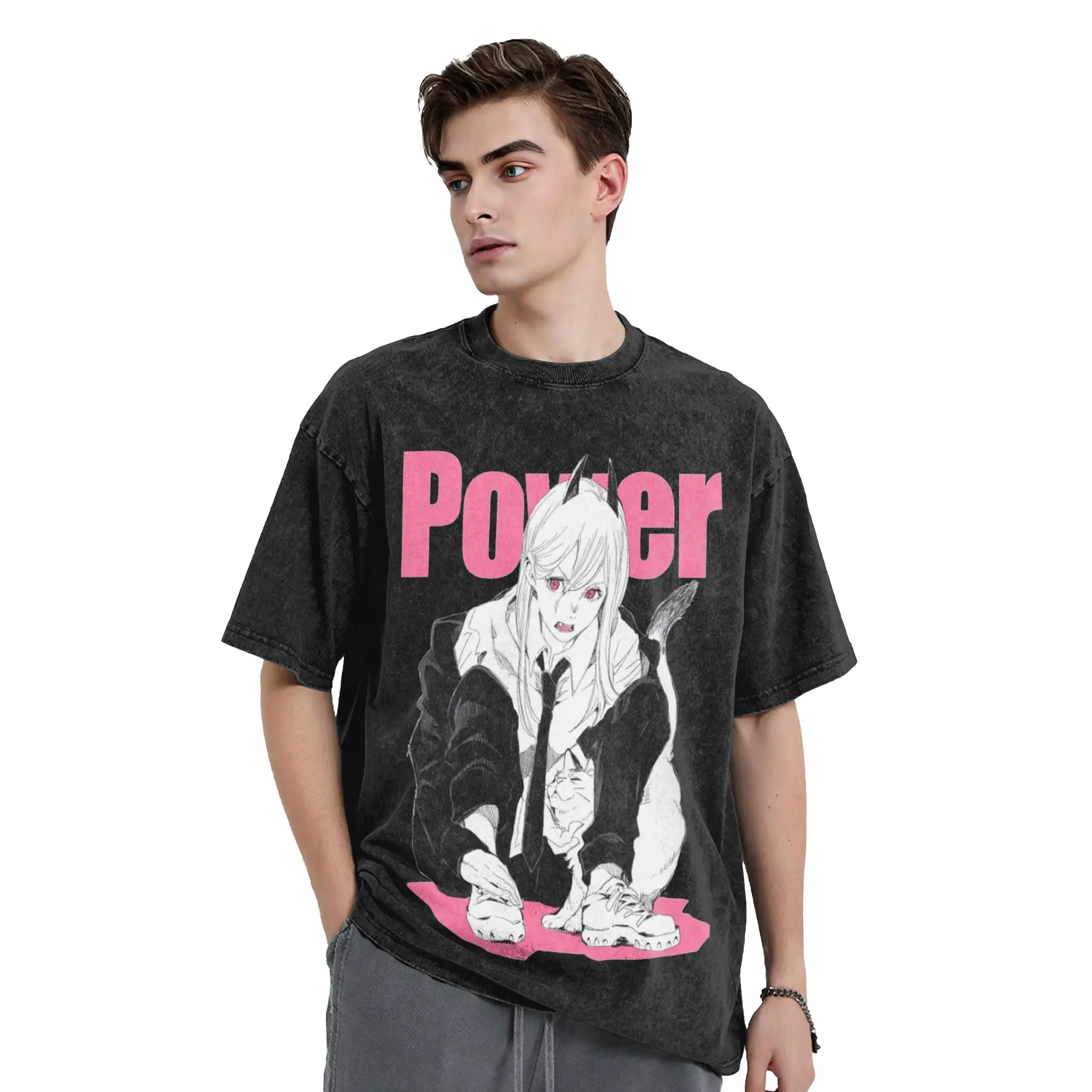 Retro Power Chainsaws Man Denji Makima Vintage Washed T Shirt Men 100%Cotton Short Sleeve  Crewneck Summer Top Tee