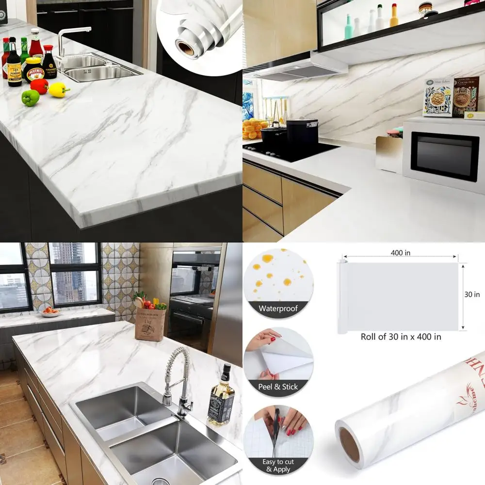 Papel de contato com aparência de mármore 393x30 polegadas, casca autoadesiva e bastão para armários, revestimento de bancada de granito branco, fácil instalação