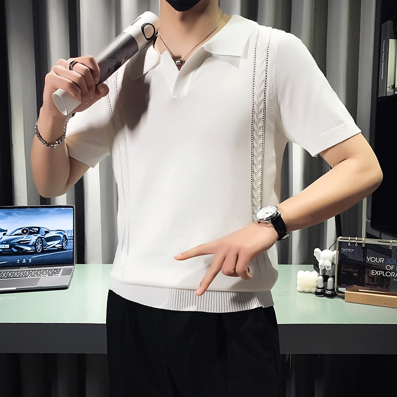 

Men's Knitted Ice Silk ort Sve irt Summer Thin High-End Busin Casual Collar T-irt Korean Sle Body irt