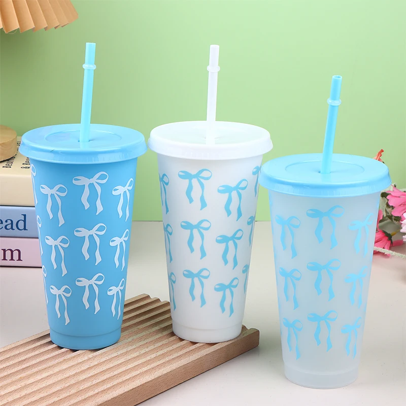 710ml Straw Lid Coffee Cup Juice Tea Cute Tumbler with Straw Plastic Cups Summer Gifts  Kawaii Bow Reusable Party Cups