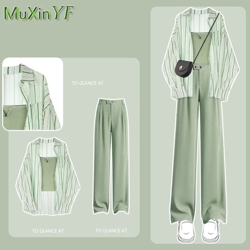 2026 Summer New in Matching Set Women's Casual Sunscreen Shirt Sling Pants Three Piece Korean Elegant Chic Blouse Trousers Suit