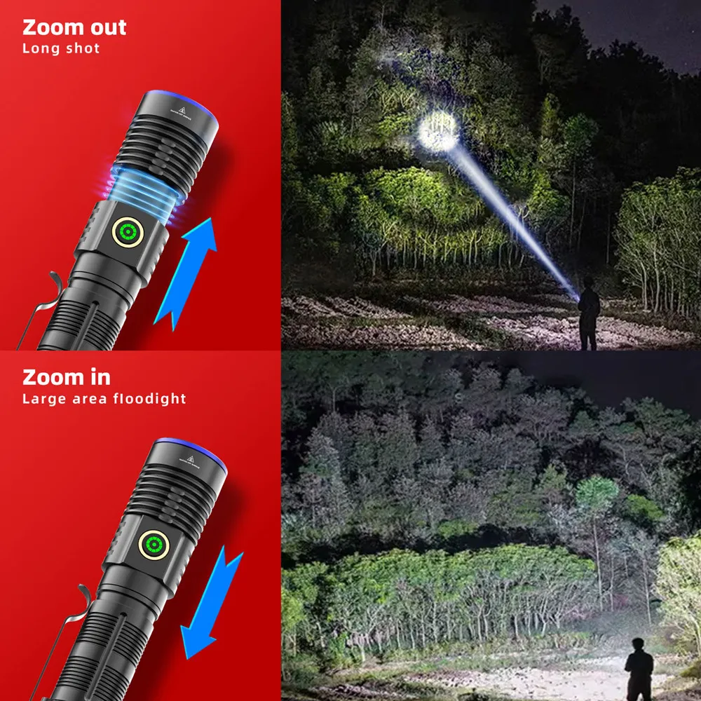 High Power LED Long Range Flashlight Five Color Light Source Zoomable USB Bidirectional Charging Outdoor Camping Lantern