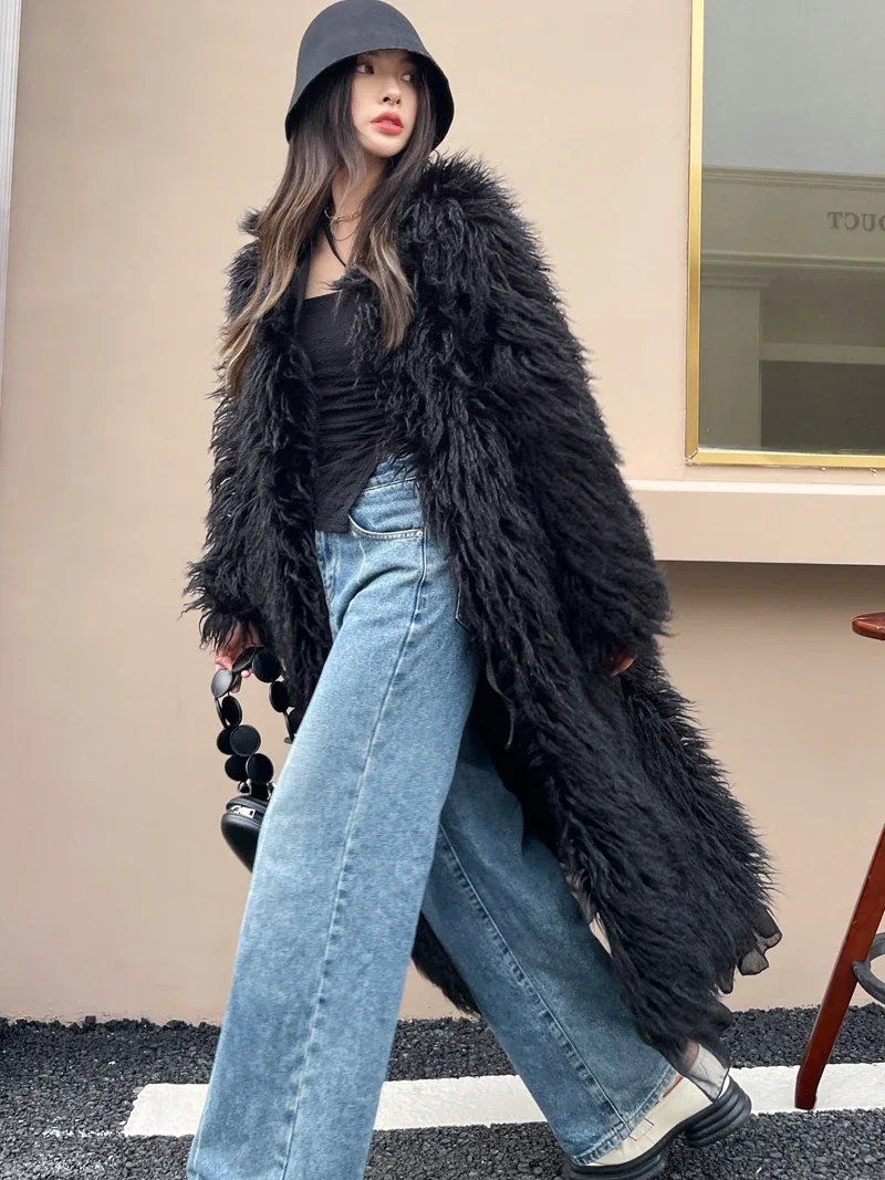 2023 Autumn And Winter New Fashion Black Faux Fur Coat Wool-like Long Furry Long Hem Ruffled Jaqueta Feminina Women's Clothing