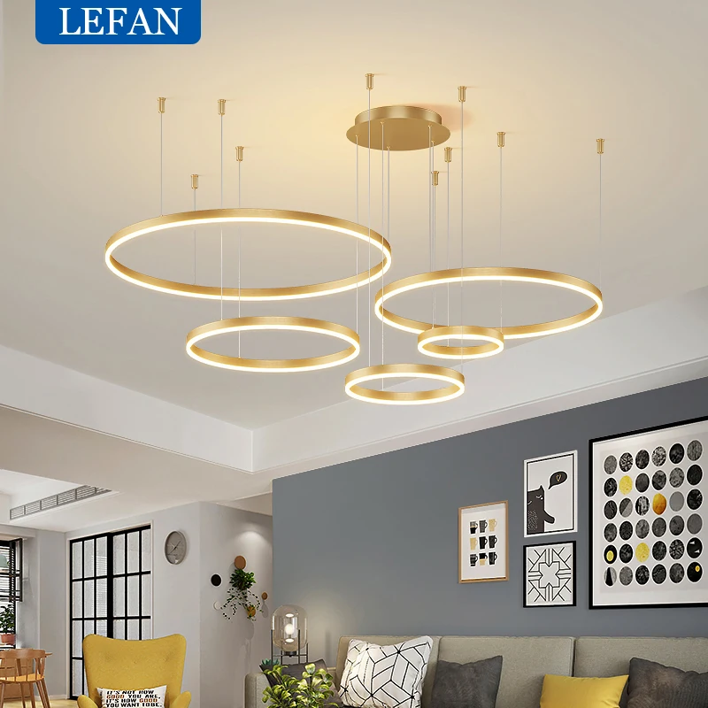 lustre de led moderno com aneis escovados iluminacao domestica teto montado para sala de estar lampada suspensa do quarto luzes coloridas douradas e cafe 01