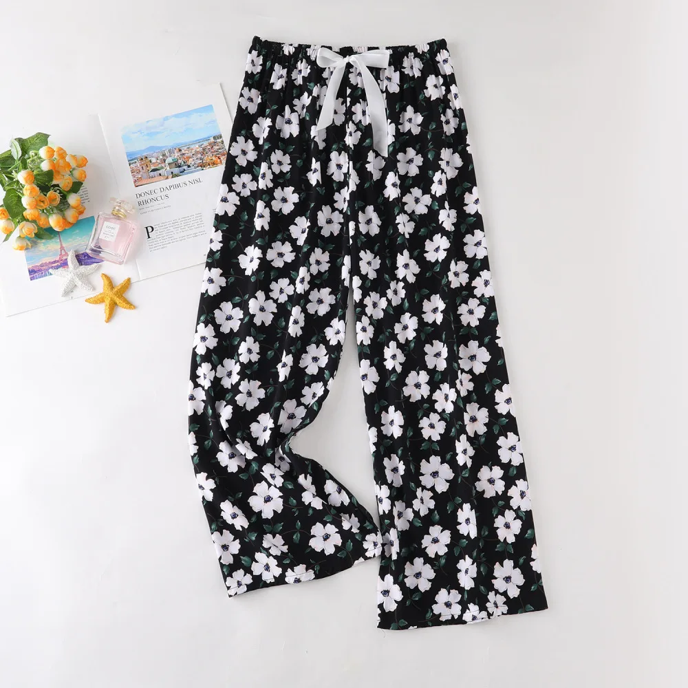 Floral Women Wide Leg Pants Summer Casual Pajama Bottoms Soft Breathable Homewear Loose Comfortable Sleepwear Lounge Trousers