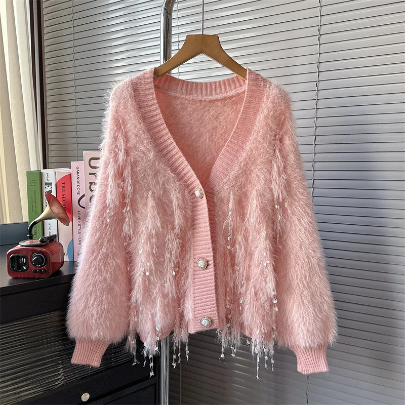 2024 New Women Autumn Sweater V-Neck Furry Knit Cardigans Coat Single Button Sweater Tops Women Fashion Sweater Pull Femme