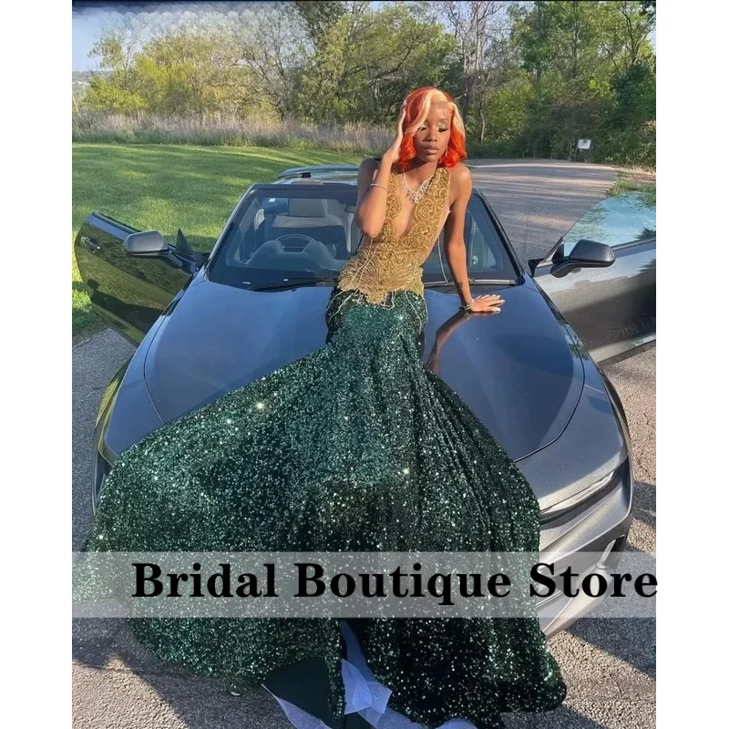 Customized Gorgeous Black Sequins Mermaid Prom Dress Gold Beaded Crystal Diamond Party Gown Vestido De Festa