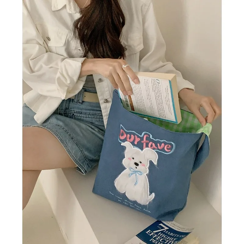 

New Reversible Shoulder Bag Cute Puppy Checkered Clash Color Canvas Bag Vintage Cowboy Bag Commuter Shoulder Bag