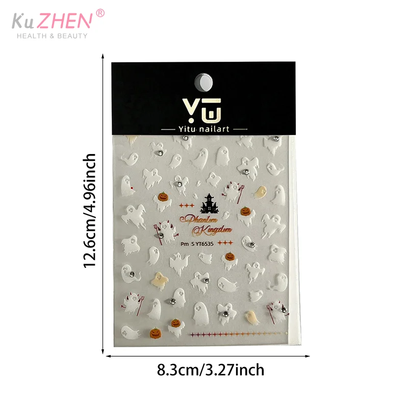 1 hoja de pegatinas de uñas de fantasma aleteo blanco de Halloween para manicura DIY dijes calabaza autoadhesivo mujeres hogar DIY calcomanías de uñas