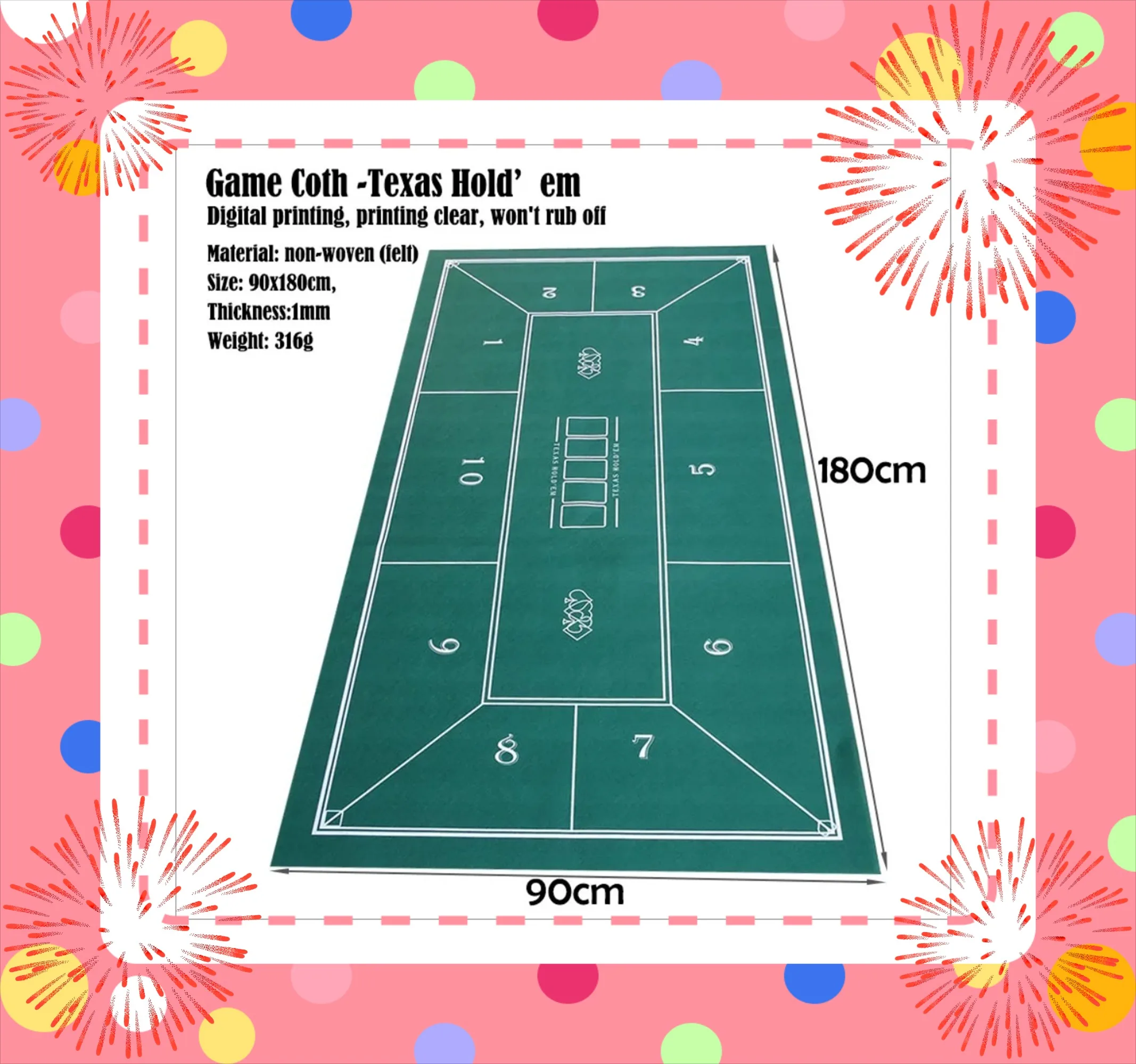 Taplak Meja Poker Texas Hold 'em 1.8X0.9M Taplak Meja Mewah Kain Bukan Tenunan Alas Permainan Papan Kasino Alas Meja Permainan Rumah
