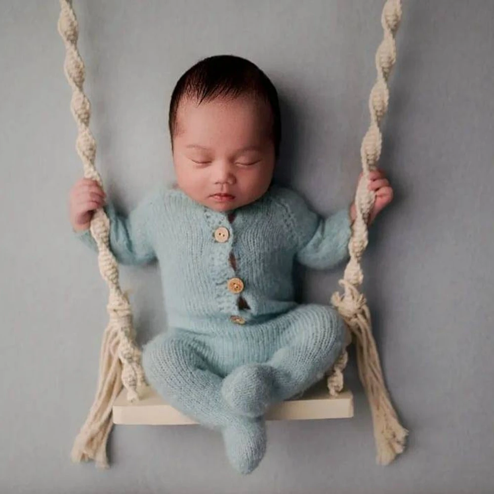 Accesorios de fotografía para recién nacidos, cuerda de algodón tejida, Columpio de madera, fotografía para niños, sesión de fotos, ayuda para posar