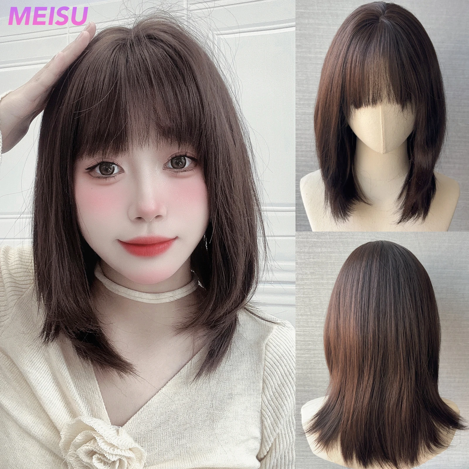 MEISU Brown Curly Wave Wigs Air Bangs 24 Inch  Fiber Synthetic Heat-resistant Deep Wave Hair Sweet And Natural Party or Selfie