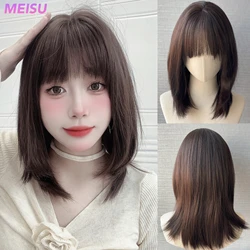 MEISU-Perucas de Onda Encaracolada Castanha, Franja De Ar, Fibra Sintética, Resistente Ao Calor, Cabelo De Onda Profunda, Festa Doce e Natural, Selfie, 24