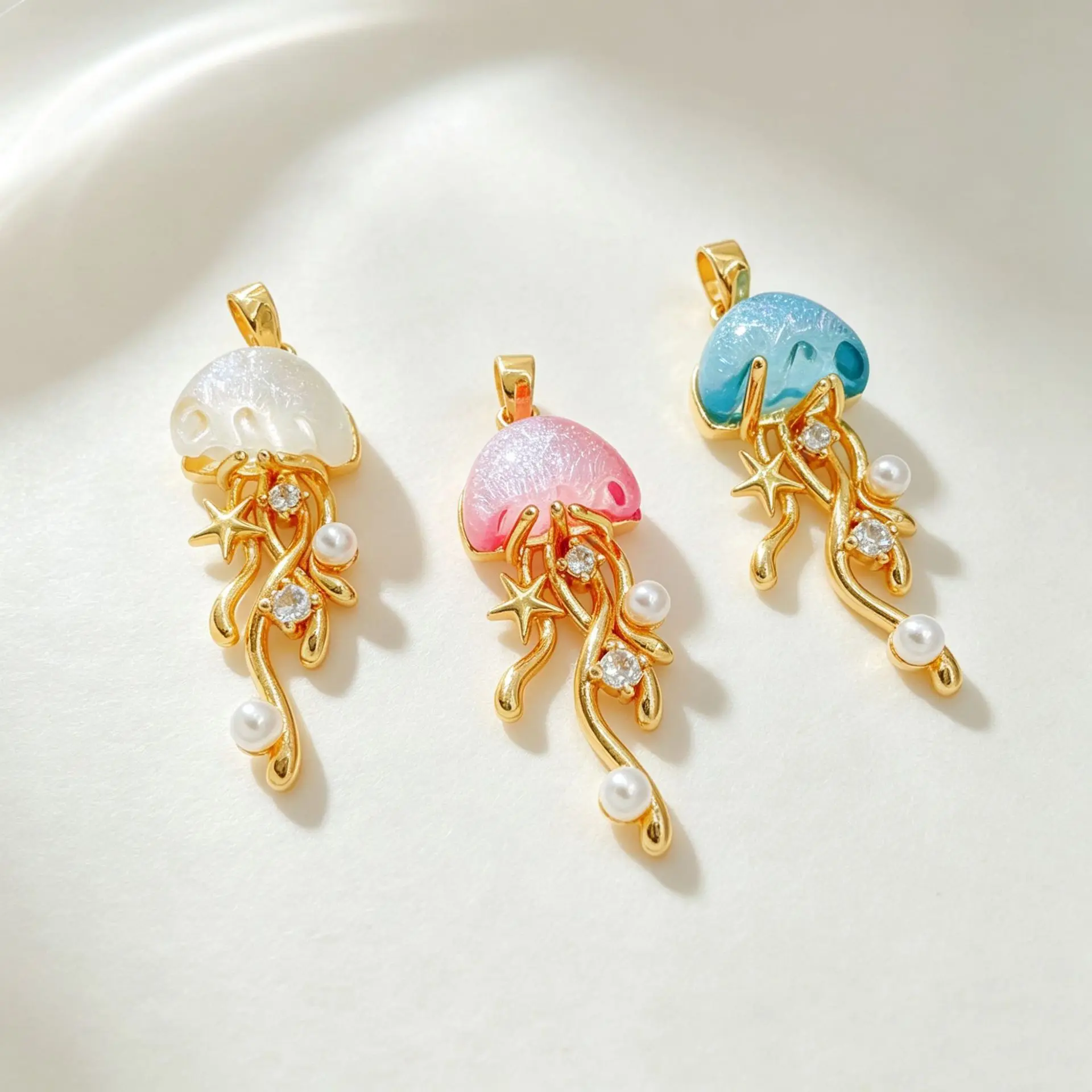 Jellyfish Shell Zircon Charms Gold Plated Pearl Inlaid Ocean Animal Pendant DIY Bracelet Necklace Jewelry‑Making Accessories