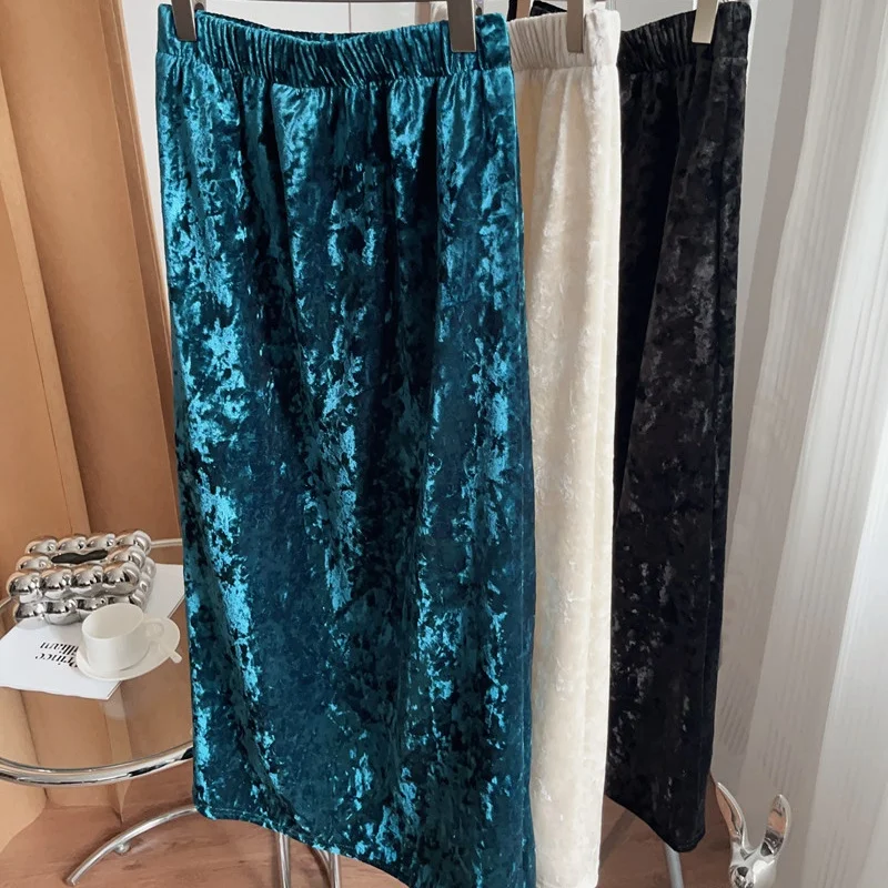 

Новая модная яркая бархатная юбка женская осень-зима теплая однотонная с разрезом на эластичной резинке на талии повседневные прямые юбки миди Jupe