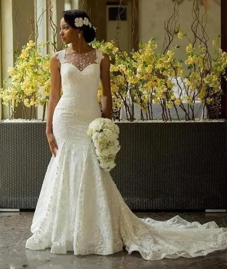 

Customized Wedding Dresses Bridal Gown Lace Applique Mermaid Sleeveless 2025 Sweep Train Custom Made Scoop Neck Illusion Back Ve