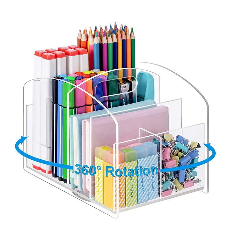 Acrylic 360 Rotating Desk Organizer Marker Pen Holder Multi-Functional Spinning Desktop Makeup Brush Storage Box